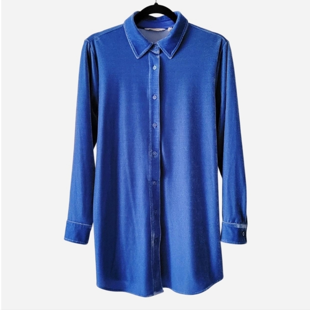 Soft Surroundings Blue Velour Velvet Button Down Shirt Size Small Blouse Top